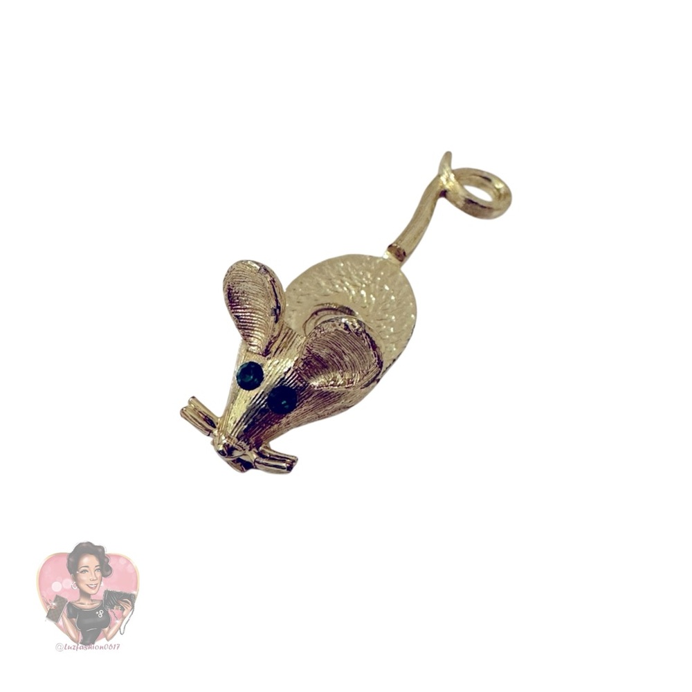 VINTAGE Gold Mouse Brooch with Green Accents